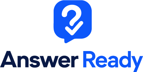 Original AnswerReady logo: blue speech bubble tile holding a question mark and tick, with the name set as two words