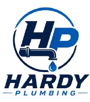 Original Hardy Plumbing logo: HP monogram with a tap, pipe and water drop inside a solid circle
