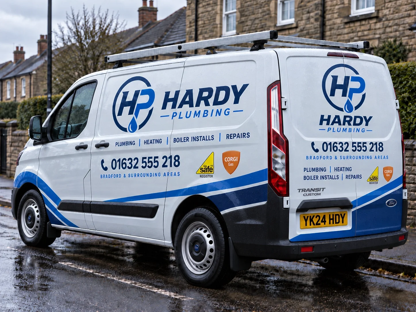 Hardy Plumbing signwritten white van parked on a wet stone-terrace street, with the horizontal logo, phone number, service list and accreditation marks on the side and rear doors